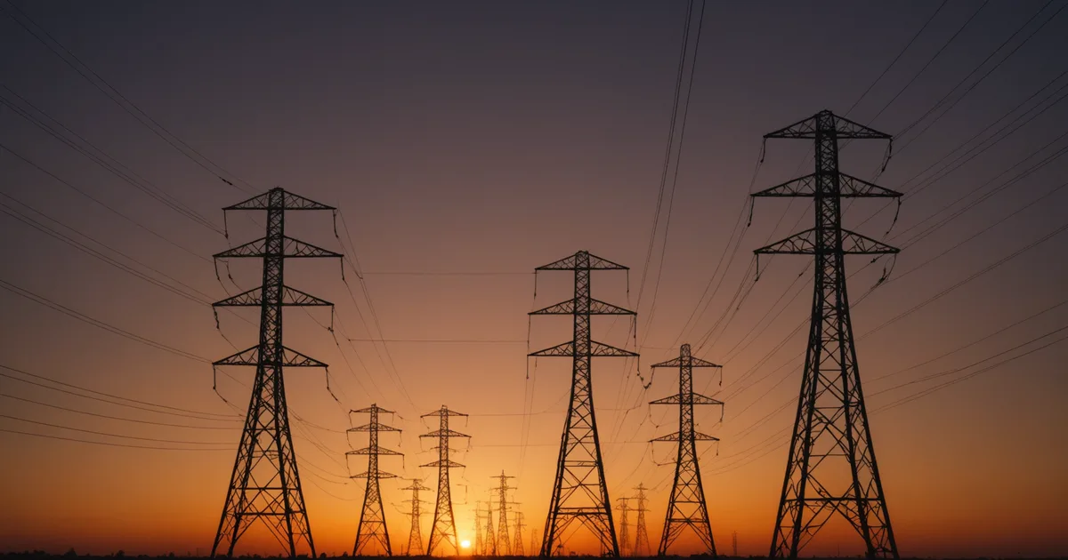 Aerial view of industrial power infrastructure showing transmission lines and substation equipment connecting generation to load