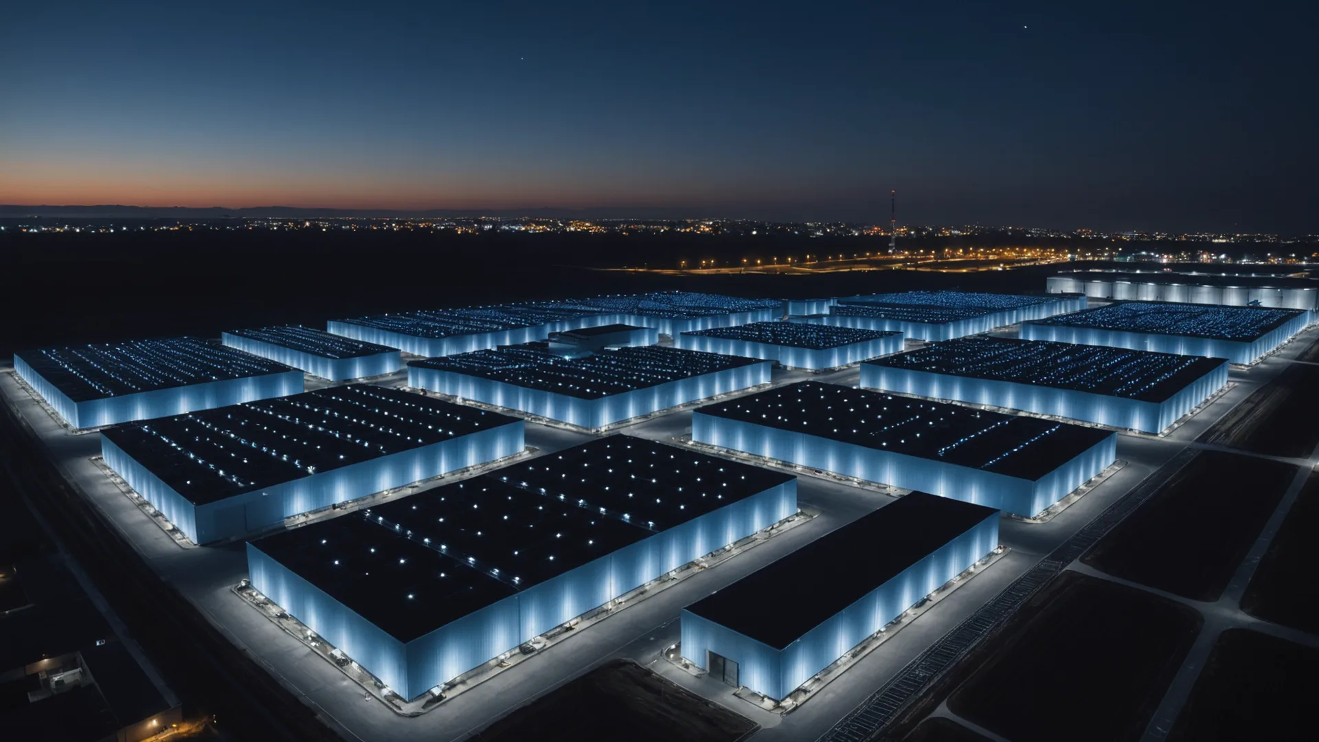 Large data center campus at night, rows of server buildings with exterior lighting, representing the scale of AI infrastructure power demand