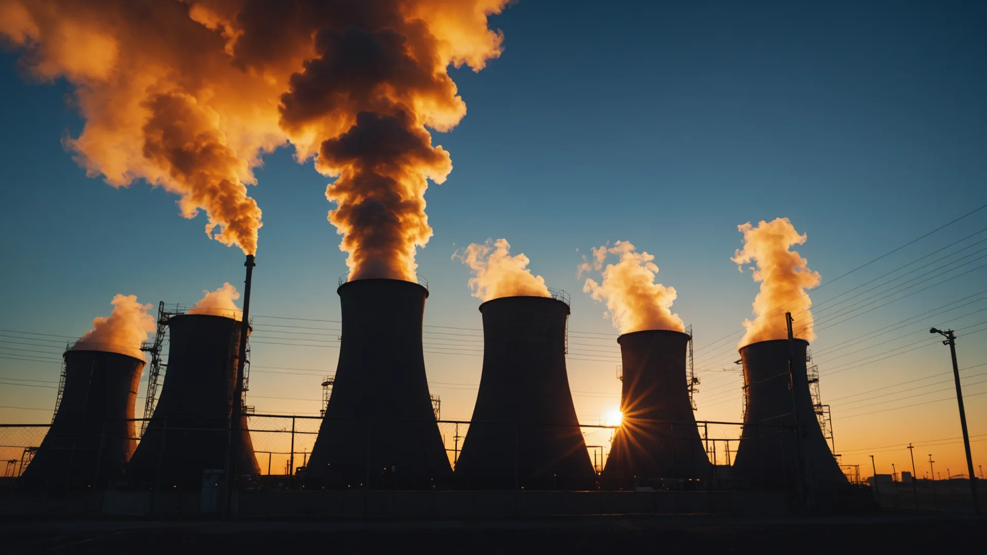 Industrial cooling towers at dusk with amber-tinted sky, conveying the scale of large power generation infrastructure