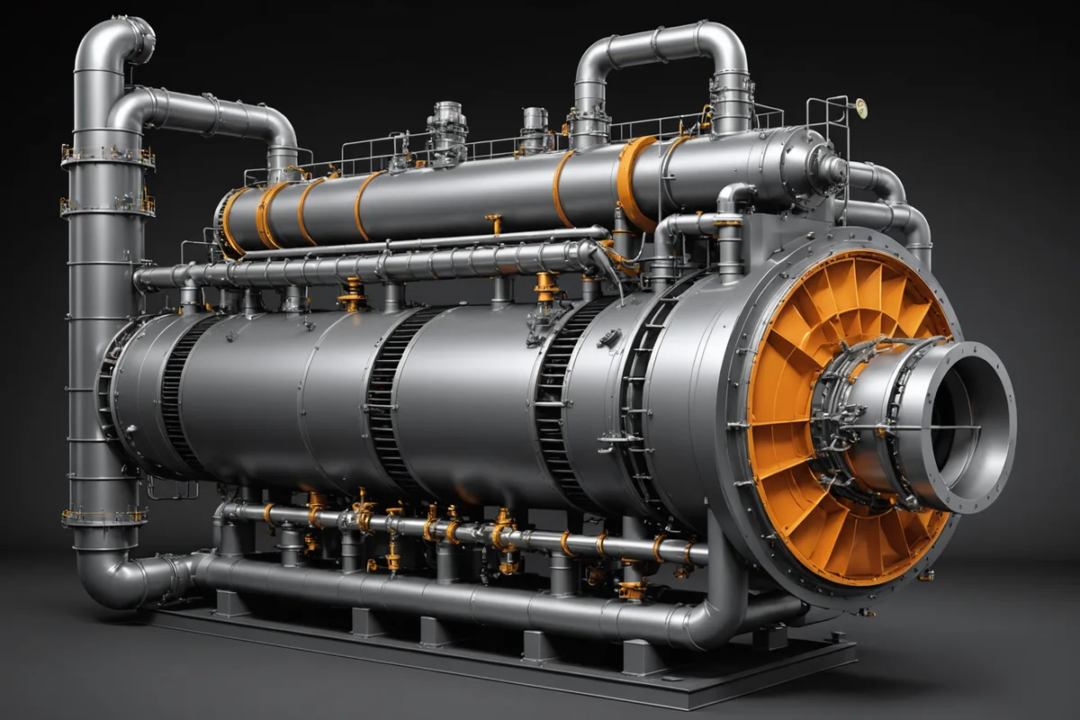 Abstract cutaway schematic view of compact modular reactor pressure vessel and heat exchanger system, showing primary cooling loop architecture