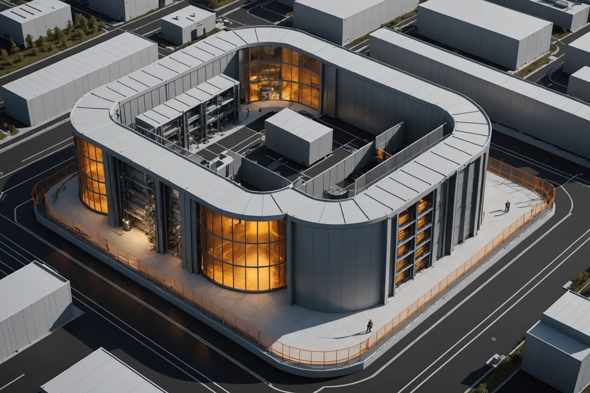 Site plan showing compact fission plant adjacent to data center campus with direct electrical connection path
